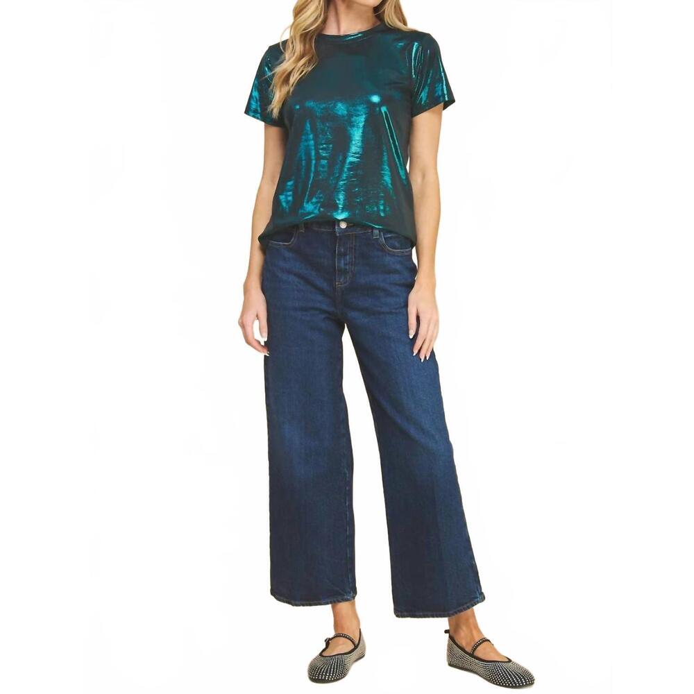 NEW IF SHE LOVES metallic short sleeve tee in dark pine green